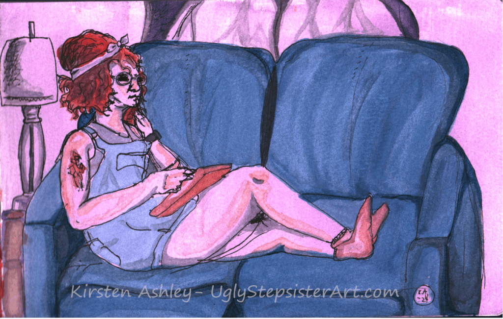 Woman on couch in watercolor by Ugly Stepsister: Artwork by Kirsten Ashley