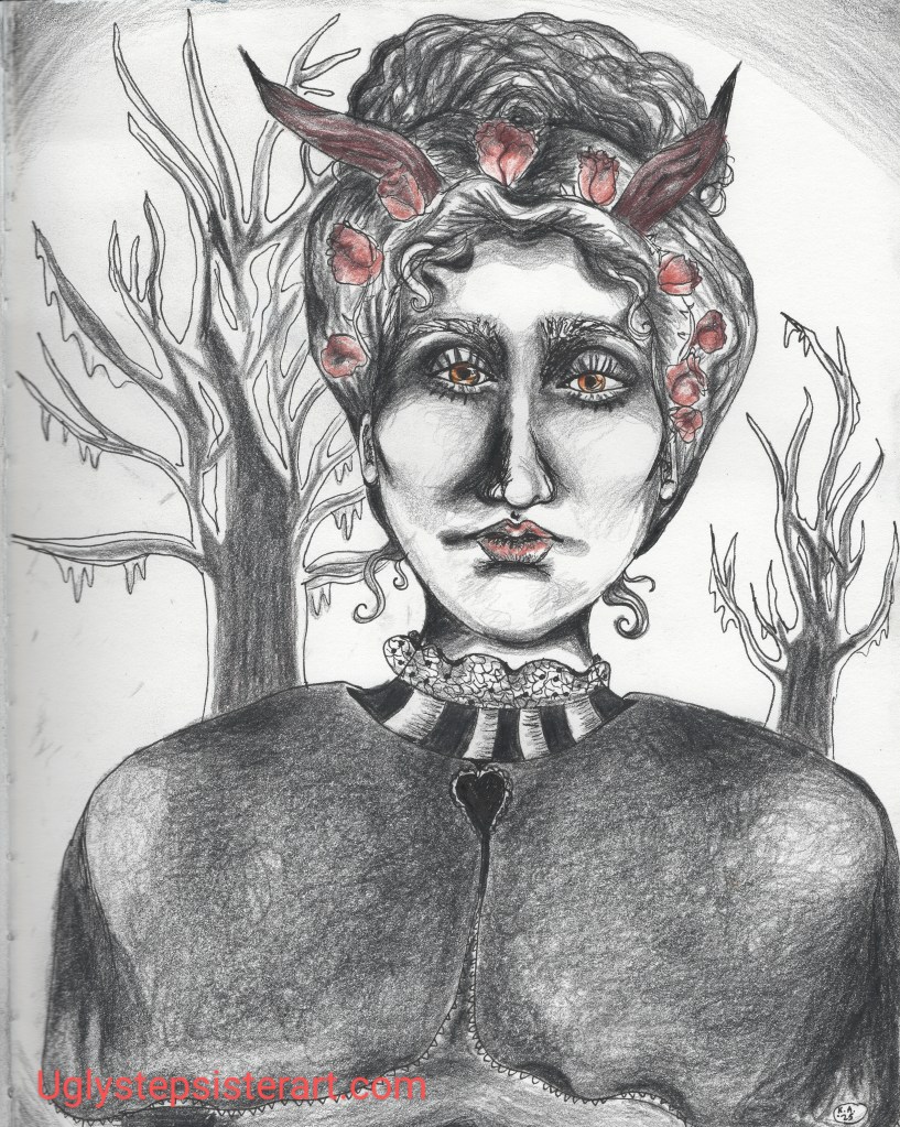 Capricorn woman in black and white with yellow eyes and flowers in her hair by Ugly Stepsister: Artwork by Kirsten Ashley